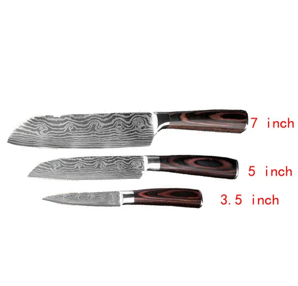 7Cr17 stainless steel kitchen knife with coloured wood handle and Damascus pattern blade on a black gift box.