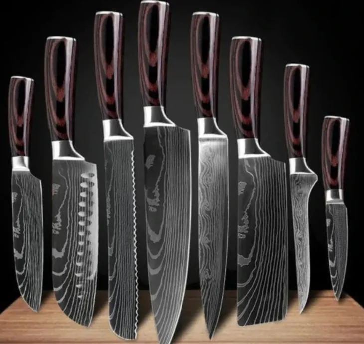 7Cr17 stainless steel kitchen knife with coloured wood handle and Damascus pattern blade on a black gift box.