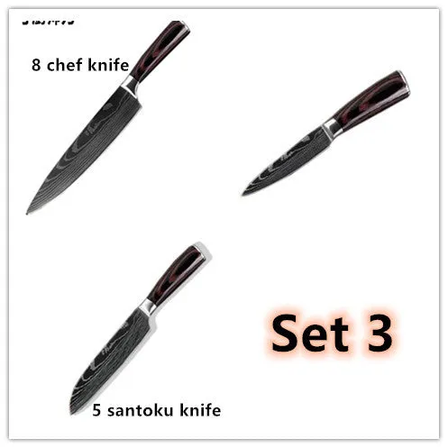 7Cr17 stainless steel kitchen knife with coloured wood handle and Damascus pattern blade on a black gift box.