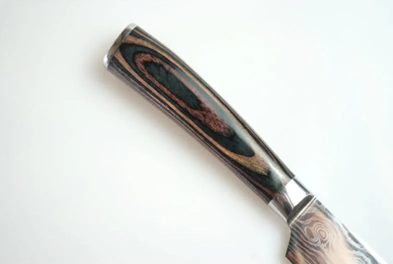 7Cr17 stainless steel kitchen knife with coloured wood handle and Damascus pattern blade on a black gift box.