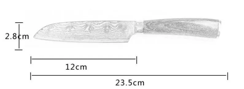 7Cr17 stainless steel kitchen knife with coloured wood handle and Damascus pattern blade on a black gift box.