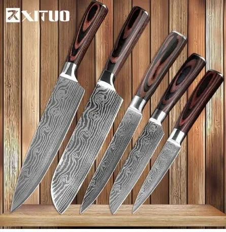 7Cr17 stainless steel kitchen knife with coloured wood handle and Damascus pattern blade on a black gift box.