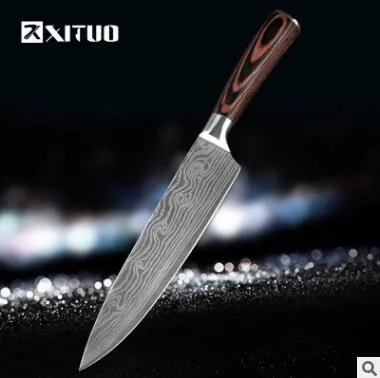 7Cr17 stainless steel kitchen knife with coloured wood handle and Damascus pattern blade on a black gift box.