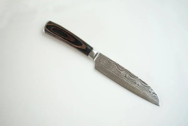 7Cr17 stainless steel kitchen knife with coloured wood handle and Damascus pattern blade on a black gift box.
