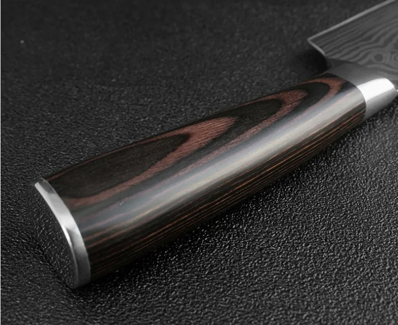 7Cr17 stainless steel kitchen knife with coloured wood handle and Damascus pattern blade on a black gift box.