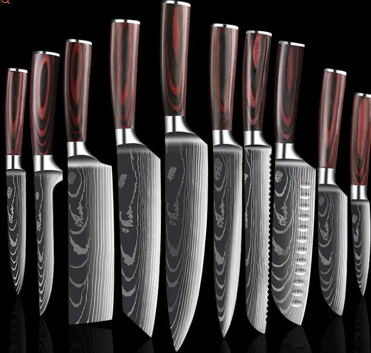 7Cr17 stainless steel kitchen knife with coloured wood handle and Damascus pattern blade on a black gift box.