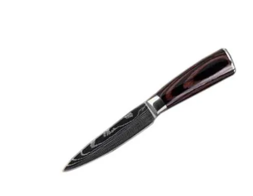 7Cr17 stainless steel kitchen knife with coloured wood handle and Damascus pattern blade on a black gift box.