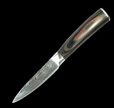 7Cr17 stainless steel kitchen knife with coloured wood handle and Damascus pattern blade on a black gift box.