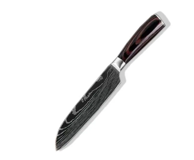 7Cr17 stainless steel kitchen knife with coloured wood handle and Damascus pattern blade on a black gift box.