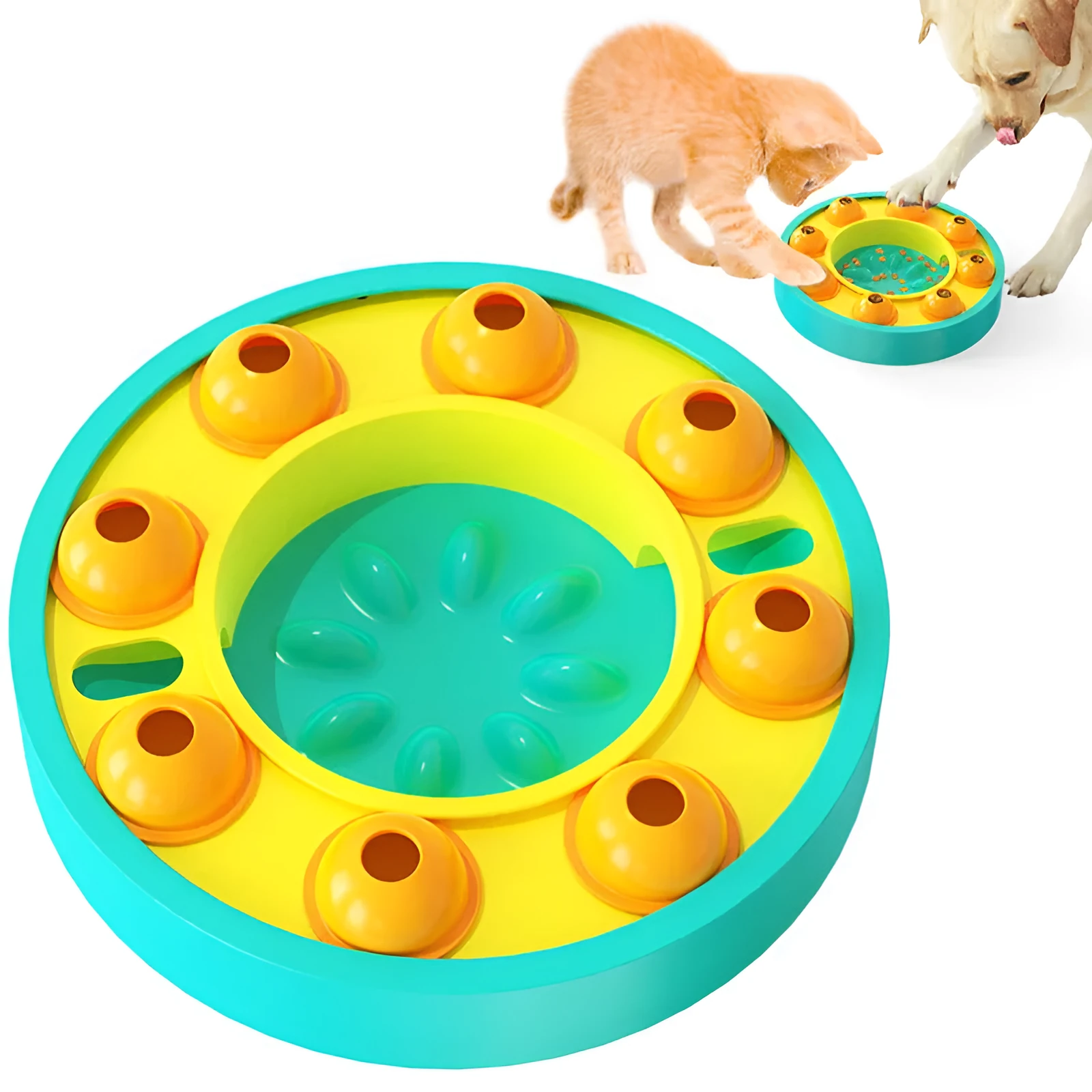 Lake Blue and Green interactive dog puzzle feeder bowl with slow-feeding column and non-slip rubber pads.