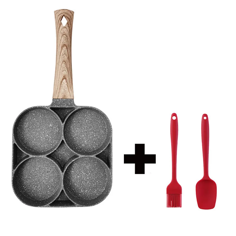 Four-hole non-stick frying pan with bakelite handle for making eggs and burgers