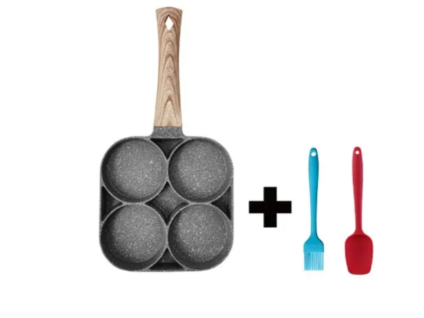 Four-hole non-stick frying pan with bakelite handle for making eggs and burgers