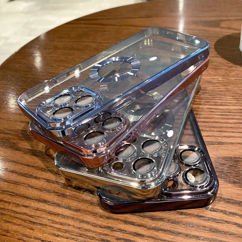 Transparent electroplated silicone iPhone case showing integrated camera lens protector and precise button cutouts