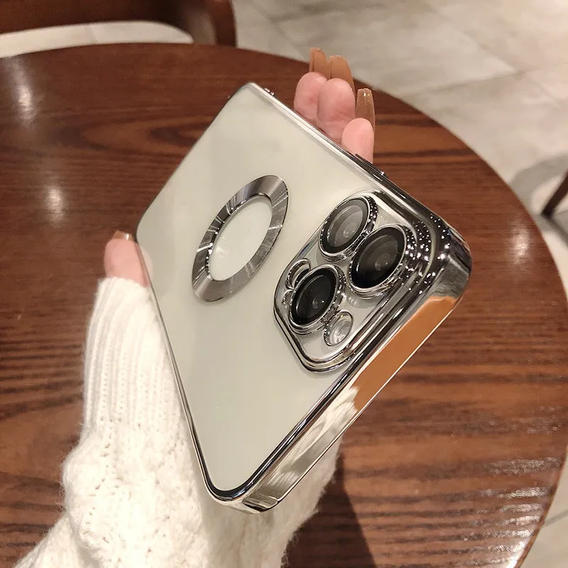 Transparent electroplated silicone iPhone case showing integrated camera lens protector and precise button cutouts