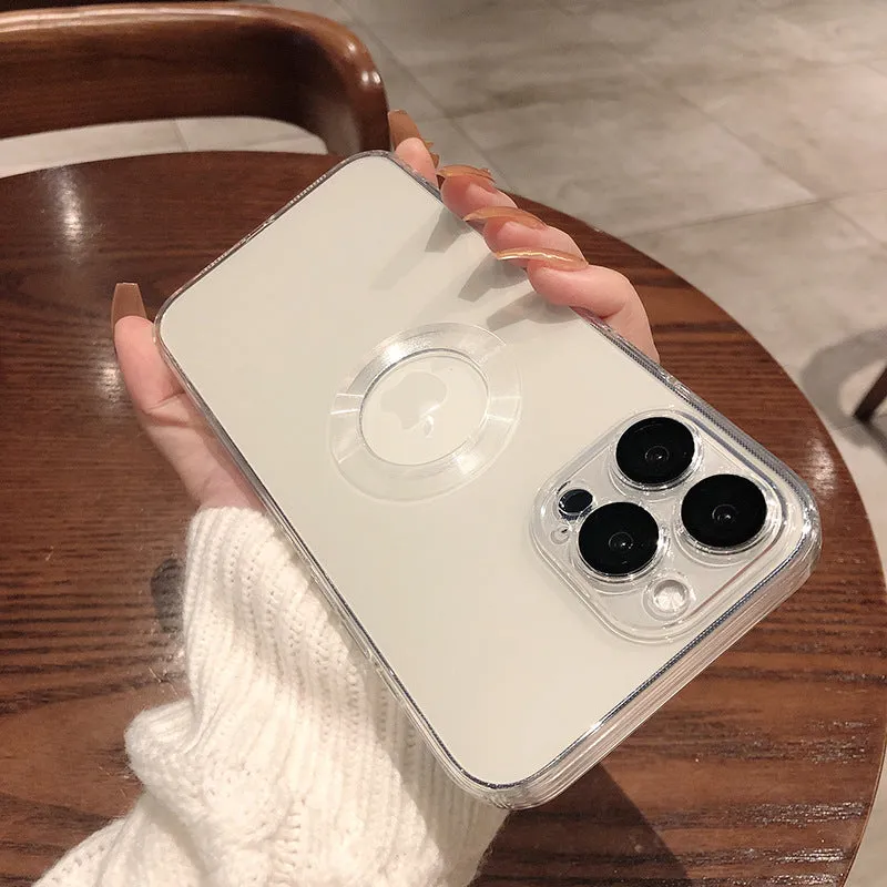 Transparent electroplated silicone iPhone case showing integrated camera lens protector and precise button cutouts