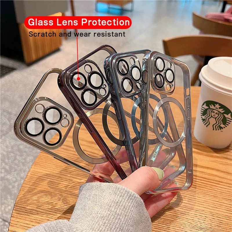 Transparent electroplated silicone iPhone case showing integrated camera lens protector and precise button cutouts
