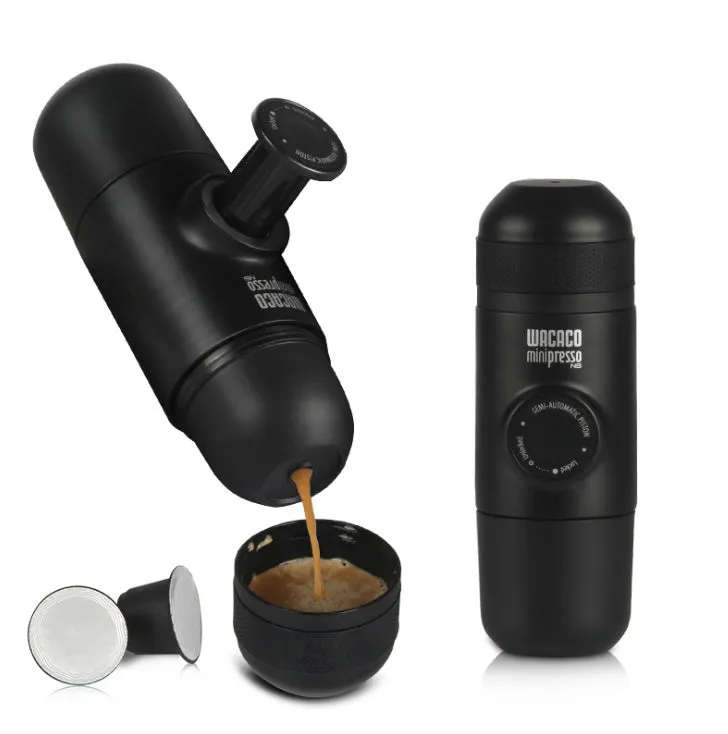 Compact black portable manual coffee machine for espresso, shown with dimensions 6cm by 17.5cm
