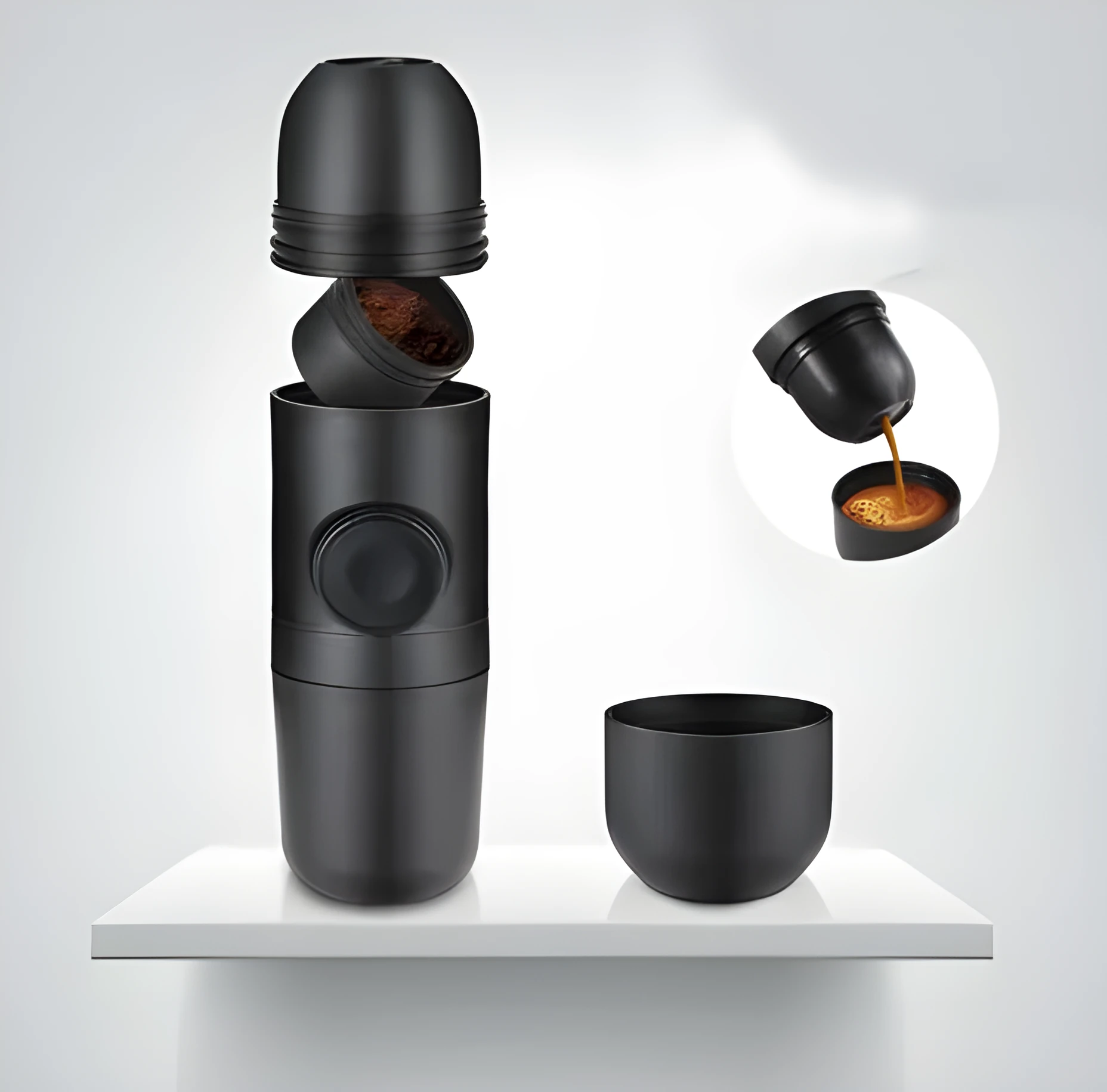 Compact black portable manual coffee machine for espresso, shown with dimensions 6cm by 17.5cm