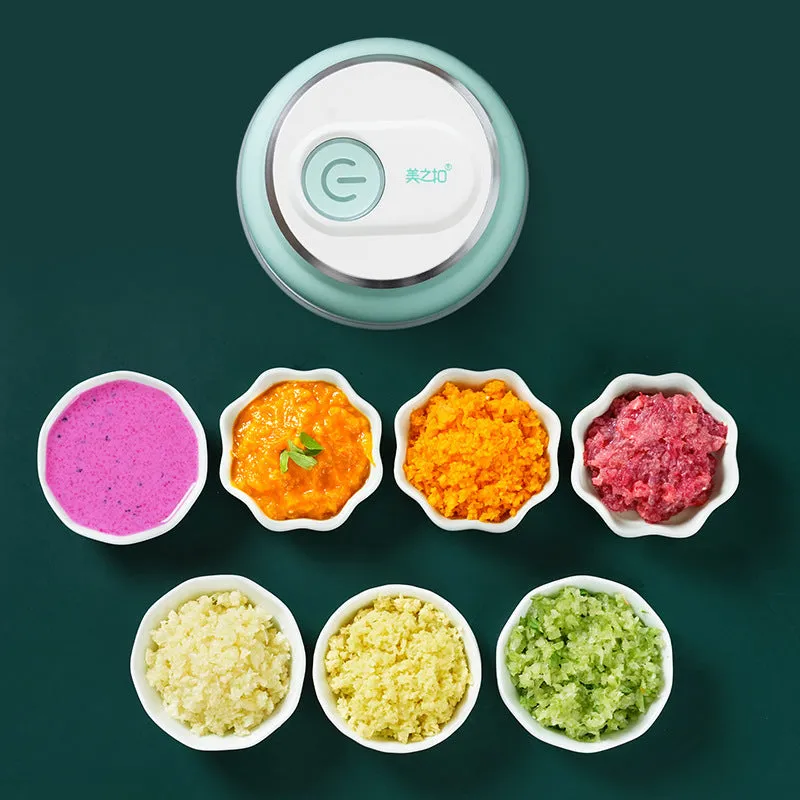 Portable USB rechargeable electric food chopper with transparent cup and stainless steel blade.