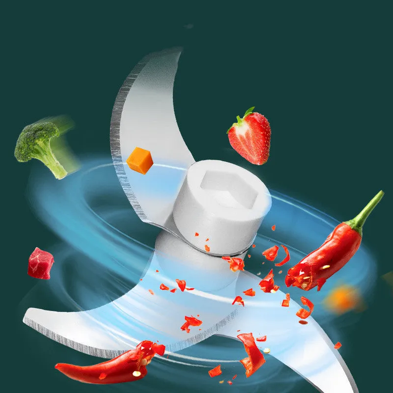 Portable USB rechargeable electric food chopper with transparent cup and stainless steel blade.