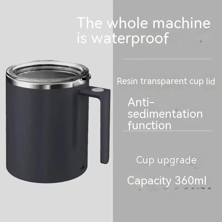 White automatic stirring coffee cup with rechargeable base on a table.