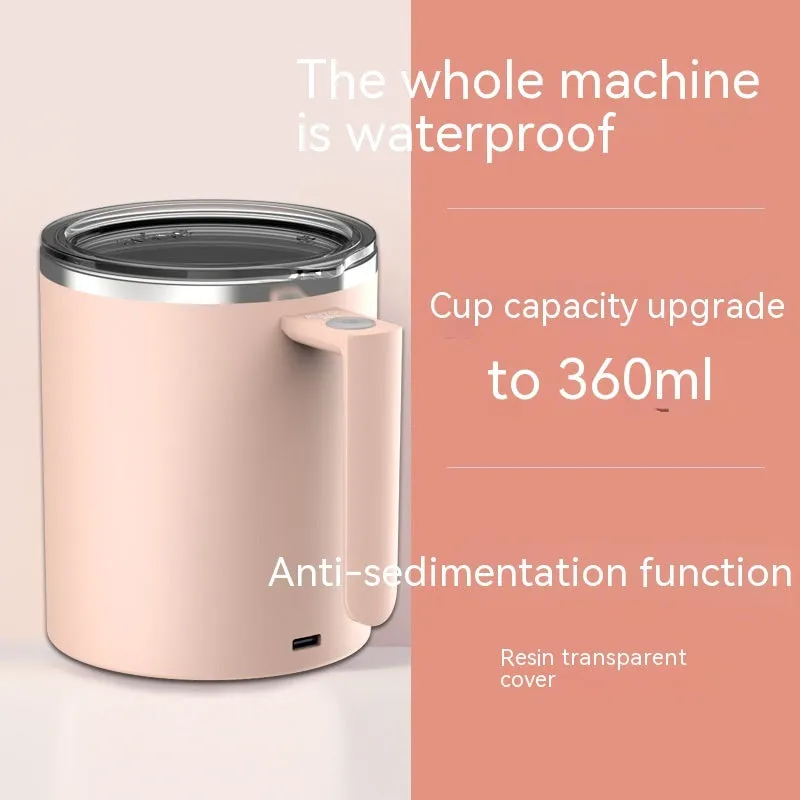 White automatic stirring coffee cup with rechargeable base on a table.