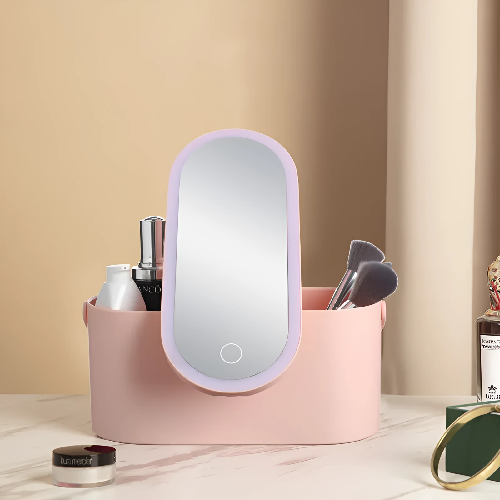 Pink gradient LED makeup mirror storage box with open compartments showing mirror and storage space