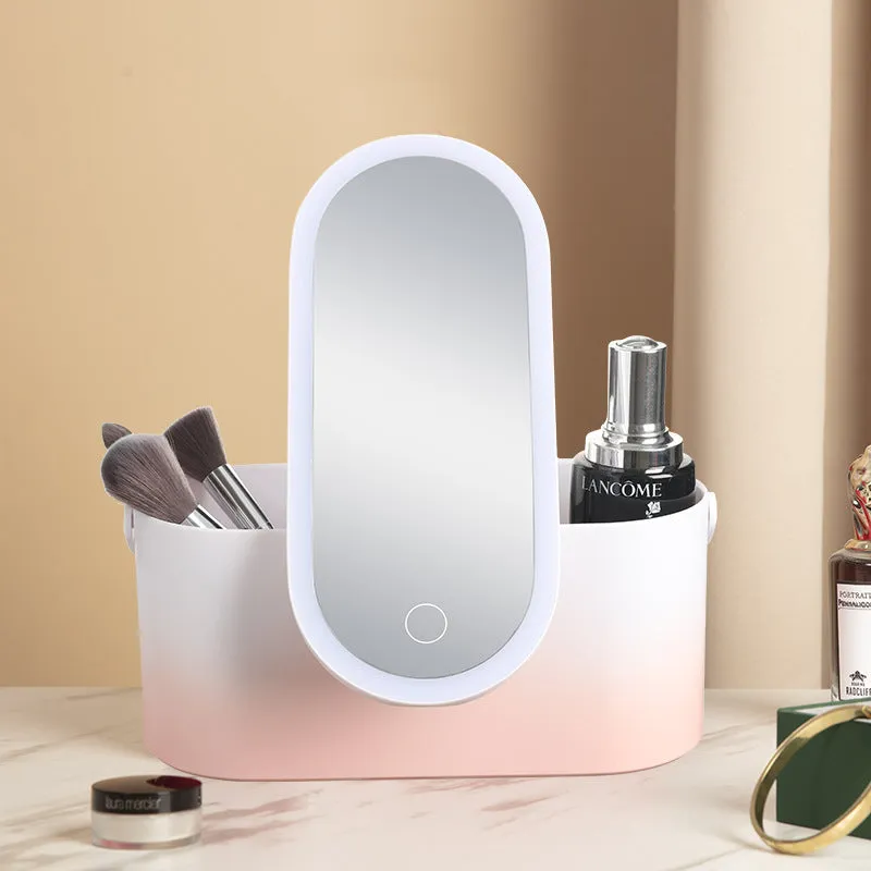 Pink gradient LED makeup mirror storage box with open compartments showing mirror and storage space