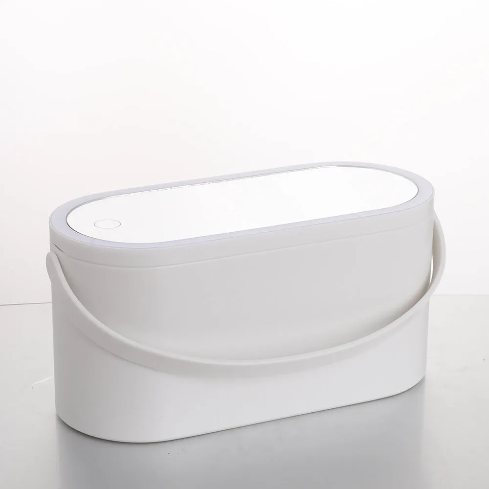 Pink gradient LED makeup mirror storage box with open compartments showing mirror and storage space
