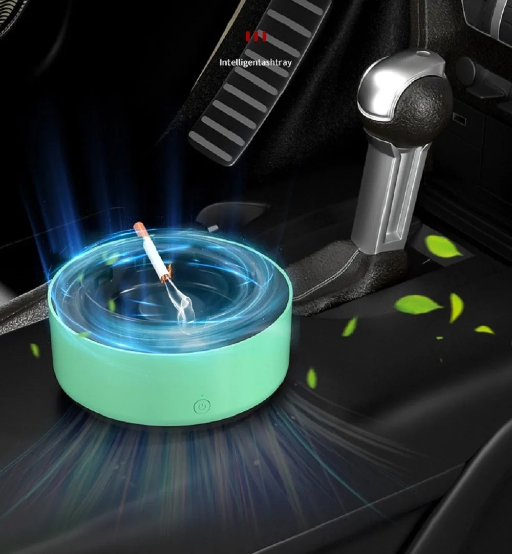 Grey intelligent electronic air purifier ashtray on a table with cigarette