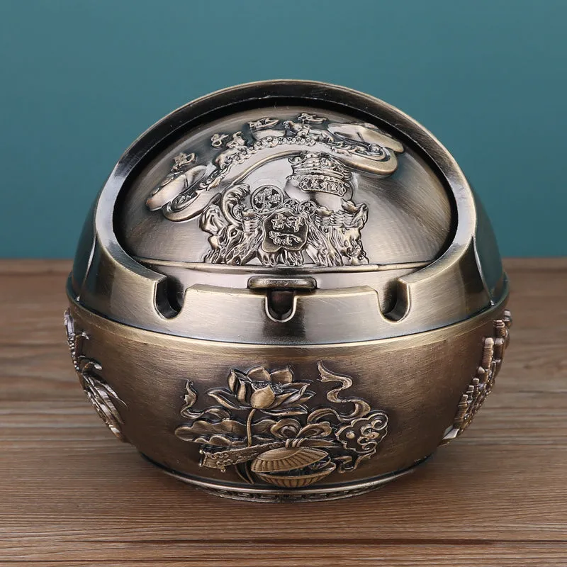 Bronze alloy ashtray with decorative fortune tree design and smoke extinguishing slot.