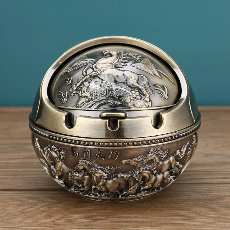 Bronze alloy ashtray with decorative fortune tree design and smoke extinguishing slot.