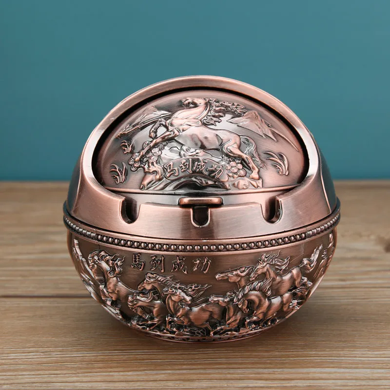 Bronze alloy ashtray with decorative fortune tree design and smoke extinguishing slot.