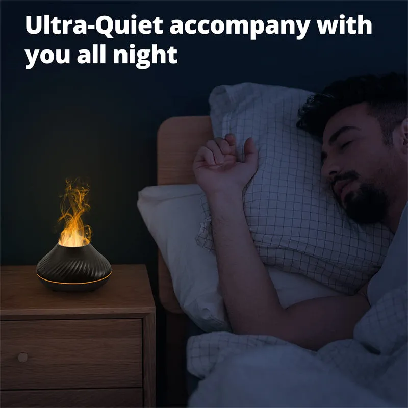 Beige USB aroma diffuser essential oil lamp with flame effect lighting on wooden surface