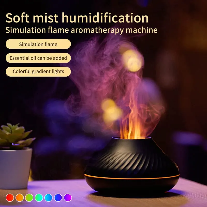 Beige USB aroma diffuser essential oil lamp with flame effect lighting on wooden surface