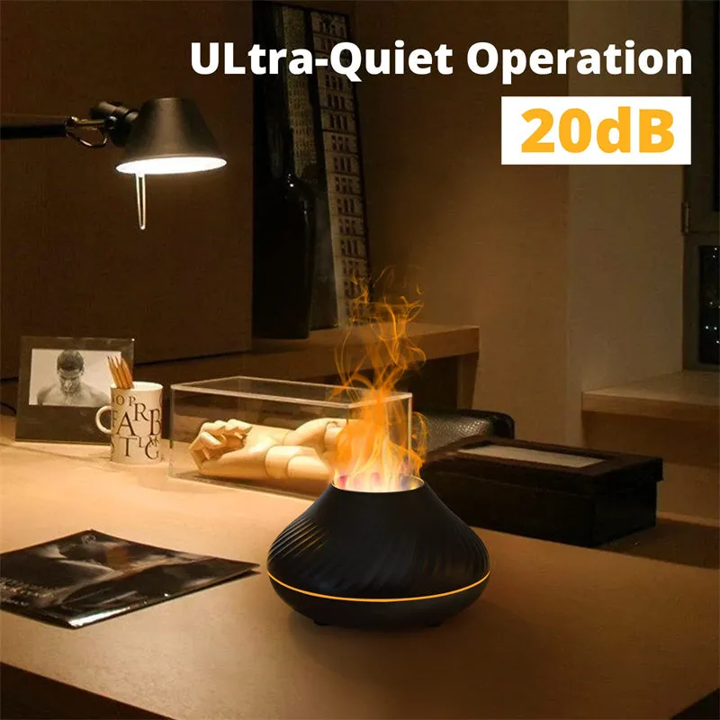 Beige USB aroma diffuser essential oil lamp with flame effect lighting on wooden surface