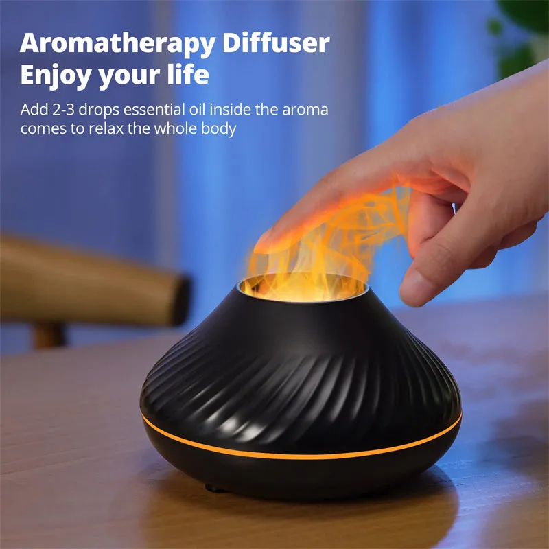 Beige USB aroma diffuser essential oil lamp with flame effect lighting on wooden surface