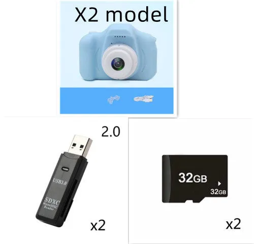 X2 HD mini digital camera for kids in silicone case with coloured buttons and 2-inch screen.