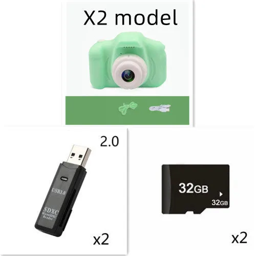X2 HD mini digital camera for kids in silicone case with coloured buttons and 2-inch screen.