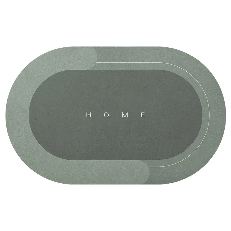 Natural rubber quick-drying bathroom floor mat in blue, available in oval and rectangular shapes.
