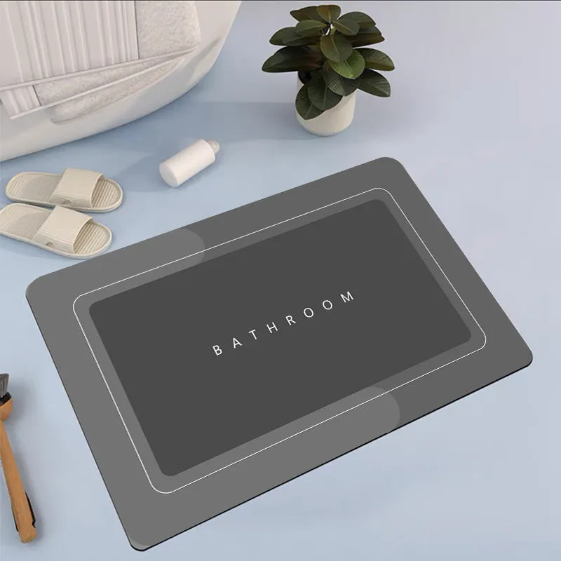 Natural rubber quick-drying bathroom floor mat in blue, available in oval and rectangular shapes.
