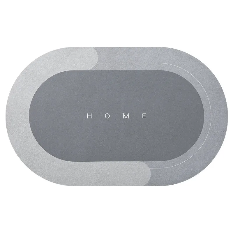 Natural rubber quick-drying bathroom floor mat in blue, available in oval and rectangular shapes.