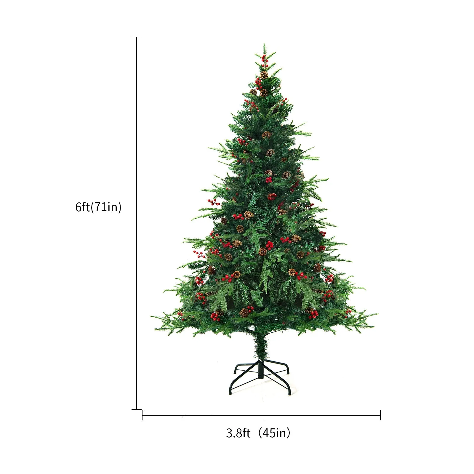 Green and white snow-dusted artificial PVC Christmas tree on a metal stand.