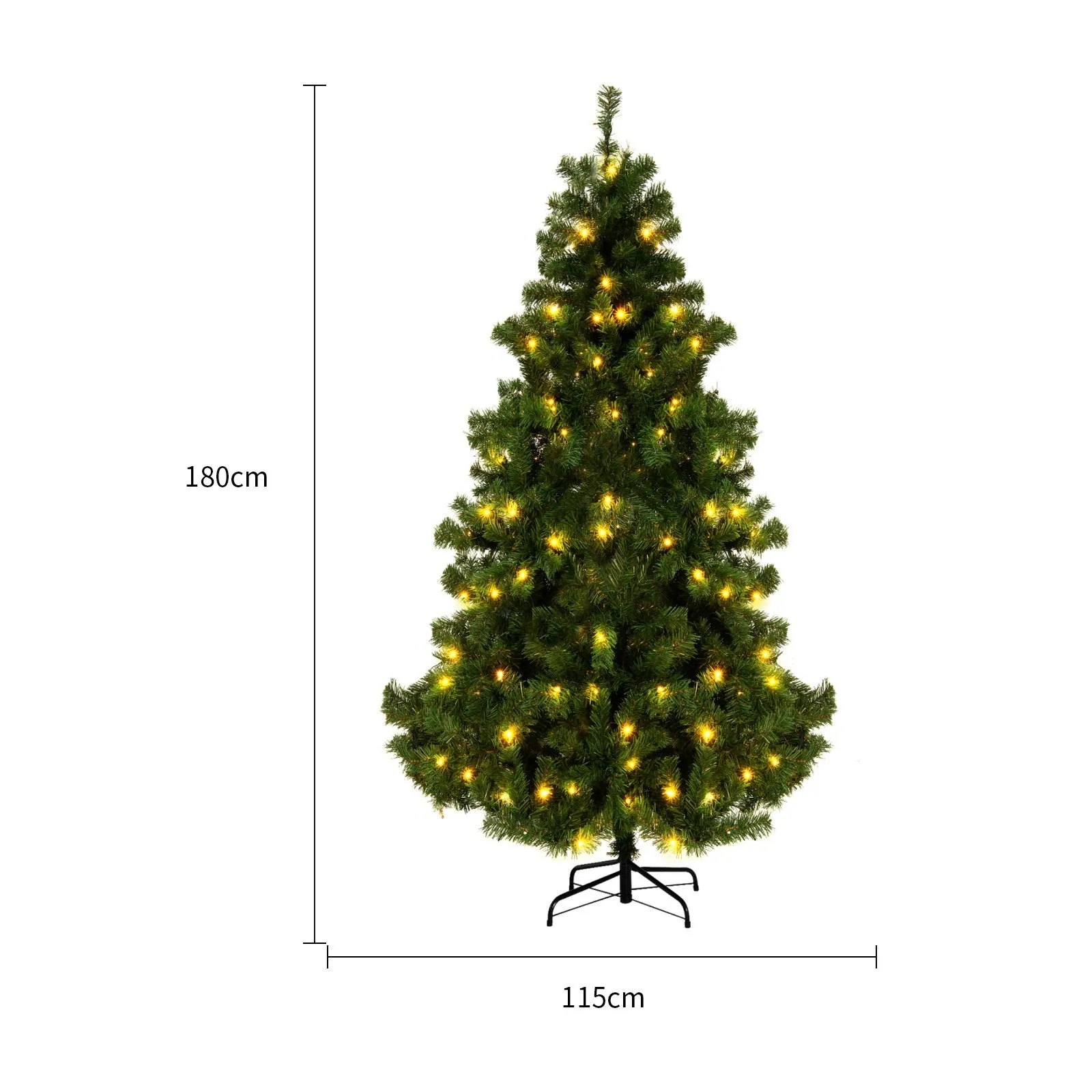 Green and white snow-dusted artificial PVC Christmas tree on a metal stand.