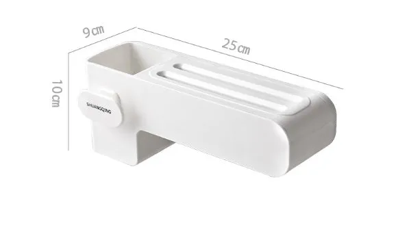 White plastic kitchen knife rack on countertop with dimensions 26 cm height