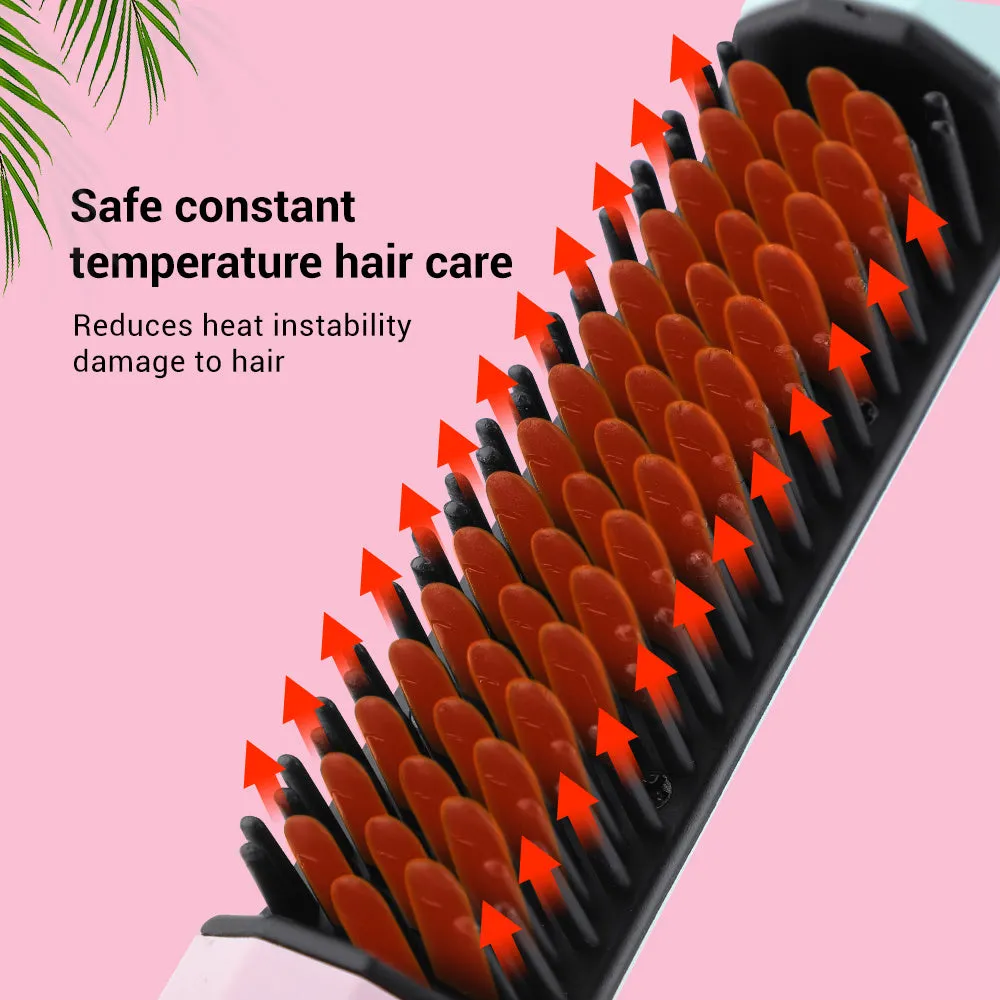 Pink cordless straightening comb with USB charging port and anti-scald design