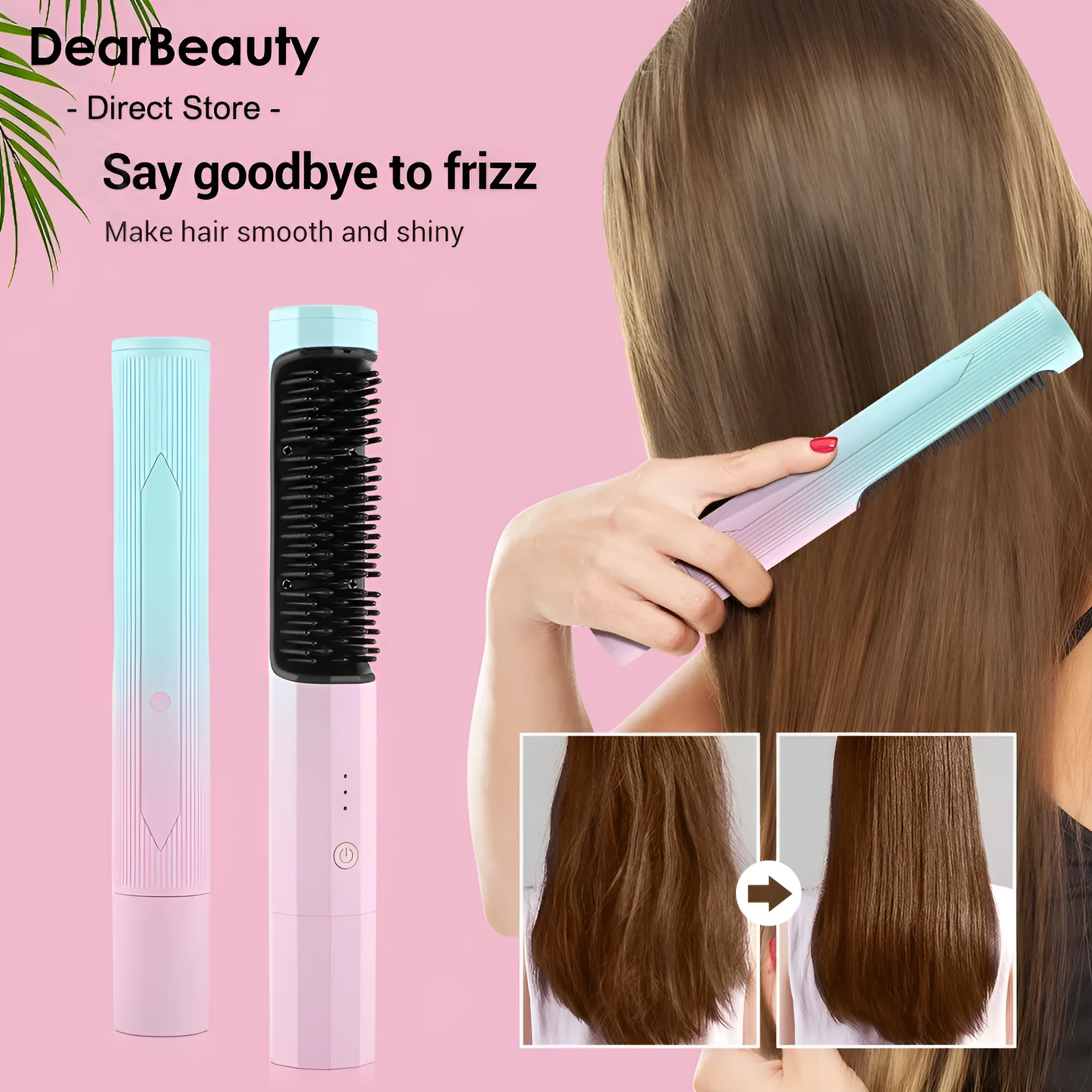 Pink cordless straightening comb with USB charging port and anti-scald design