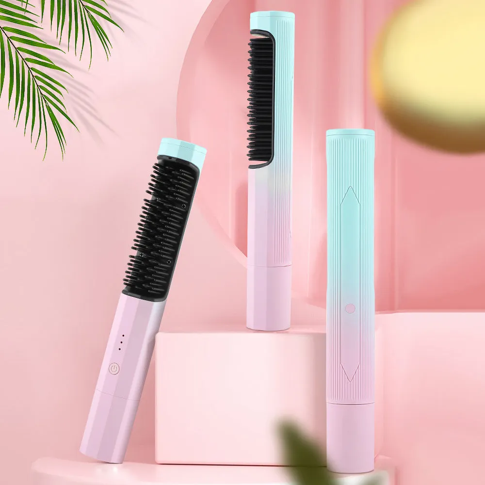 Pink cordless straightening comb with USB charging port and anti-scald design