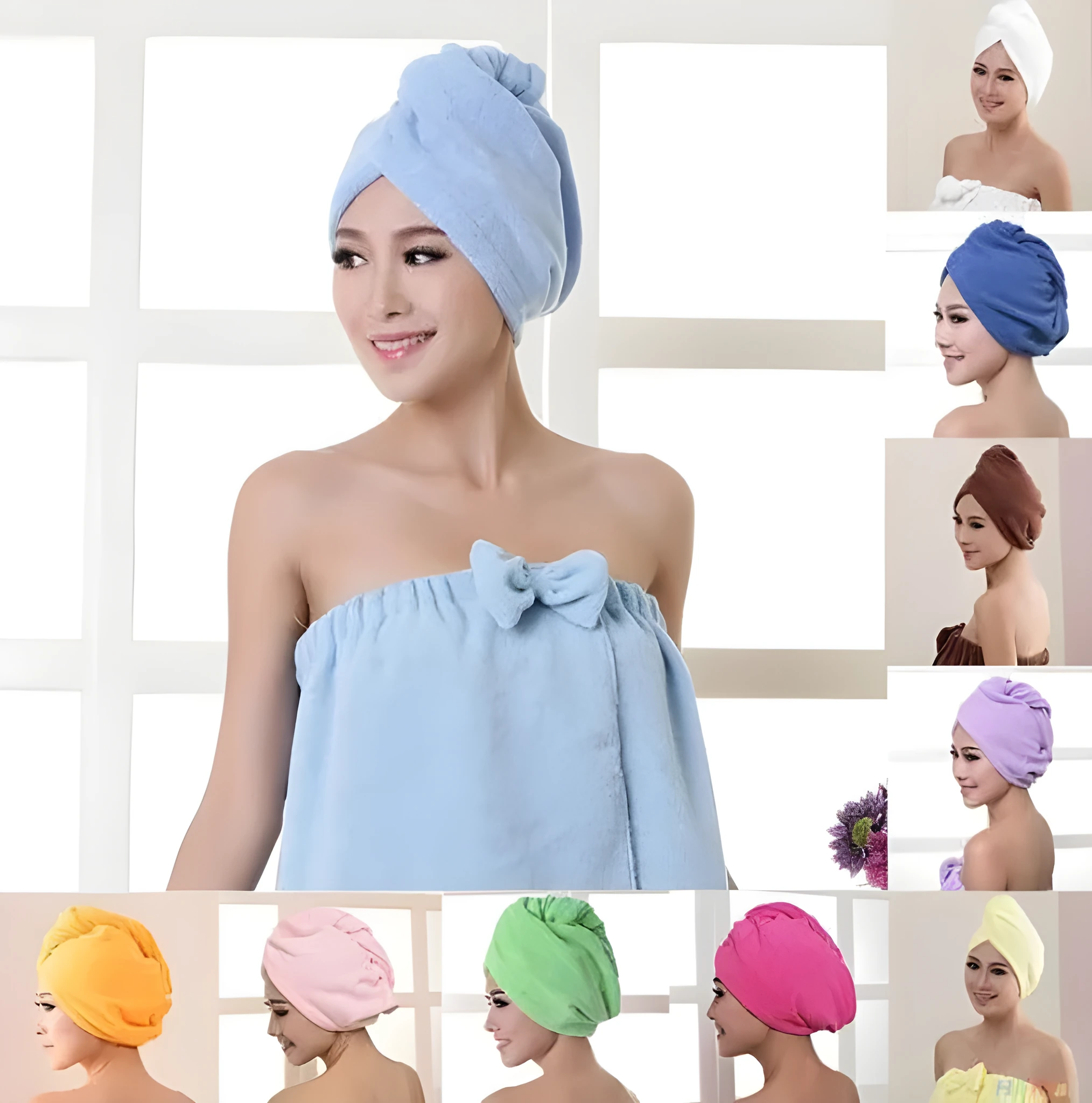 Women's microfiber hair dryer cap in assorted colours showing cap shape and size