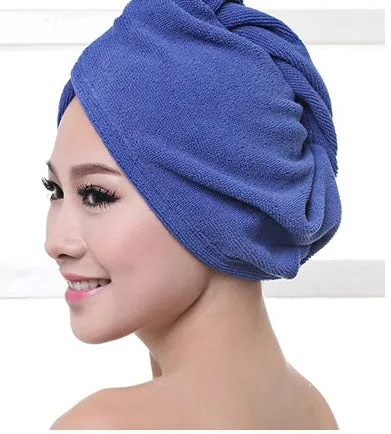 Women's microfiber hair dryer cap in assorted colours showing cap shape and size